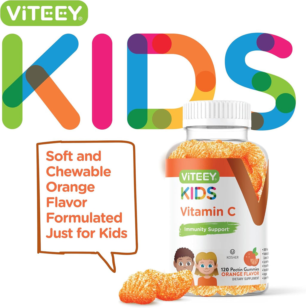 Viteey Gomitas de Vitamina C para Niños - Sabor Naranja - 120 Unidades - Vegano, Sin Gluten, Sin Gelatina