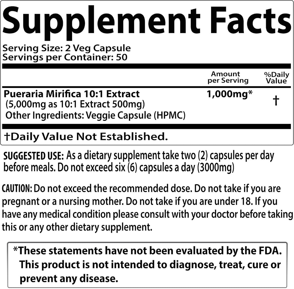 Pueraria Mirifica (Kwao Krua Kao) 1000 mg Equivalent, Extracto 10:1, 100 Cápsulas Vegetales