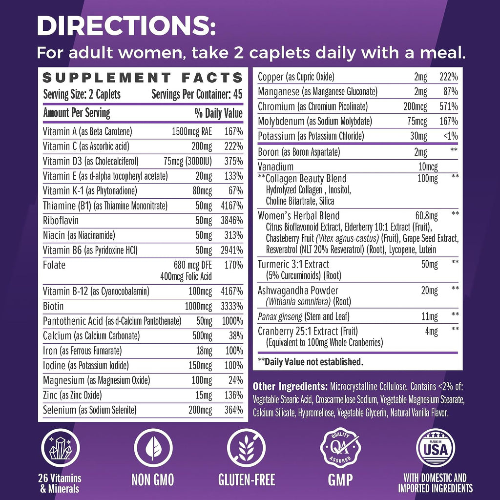 Vitamin World Ultra 360 Multivitamínico para Mujeres con Hierbas y Colágeno, 90 Comprimidos