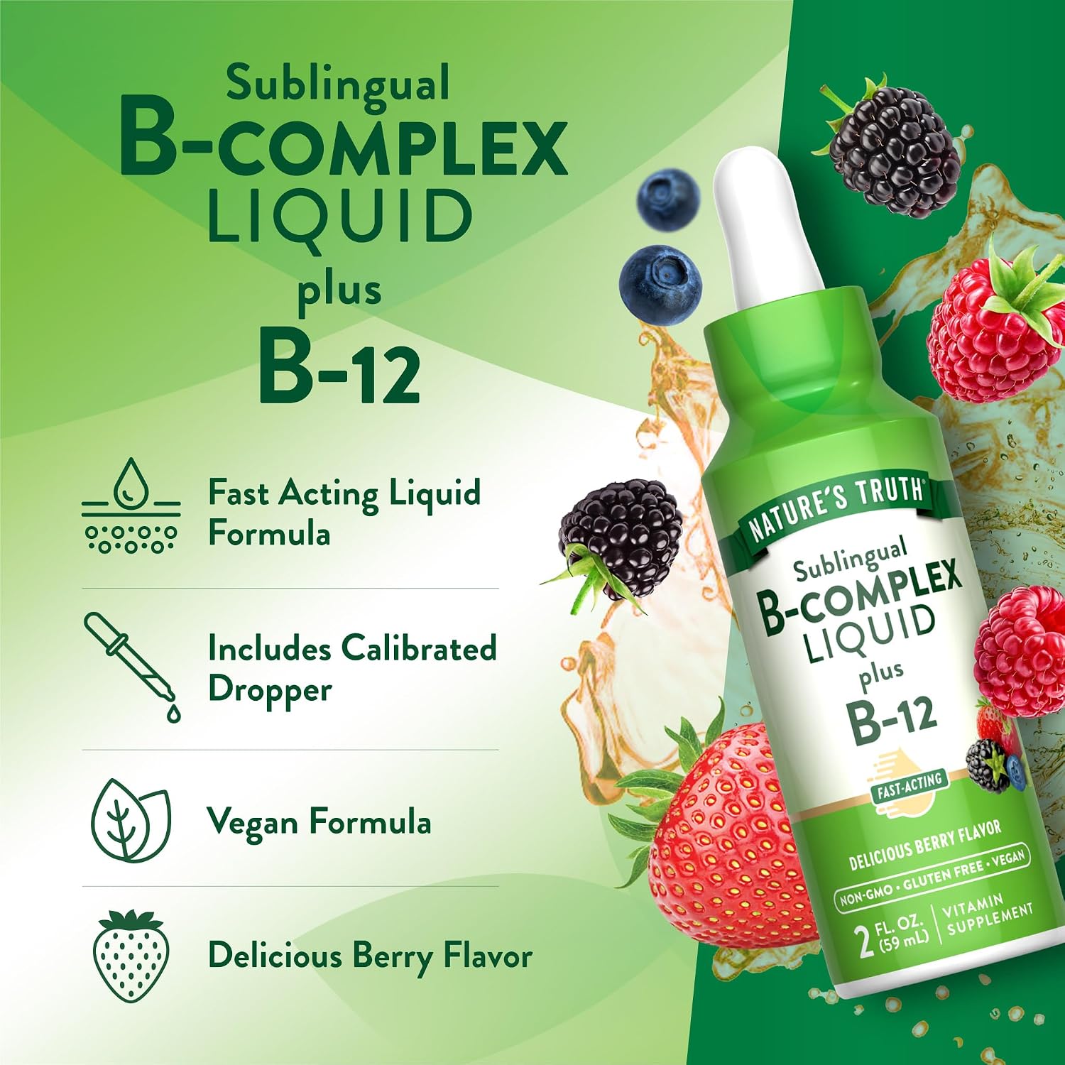Nature's Truth Complejo B Sublingual con B12 - 59 ml - Sabor a Bayas