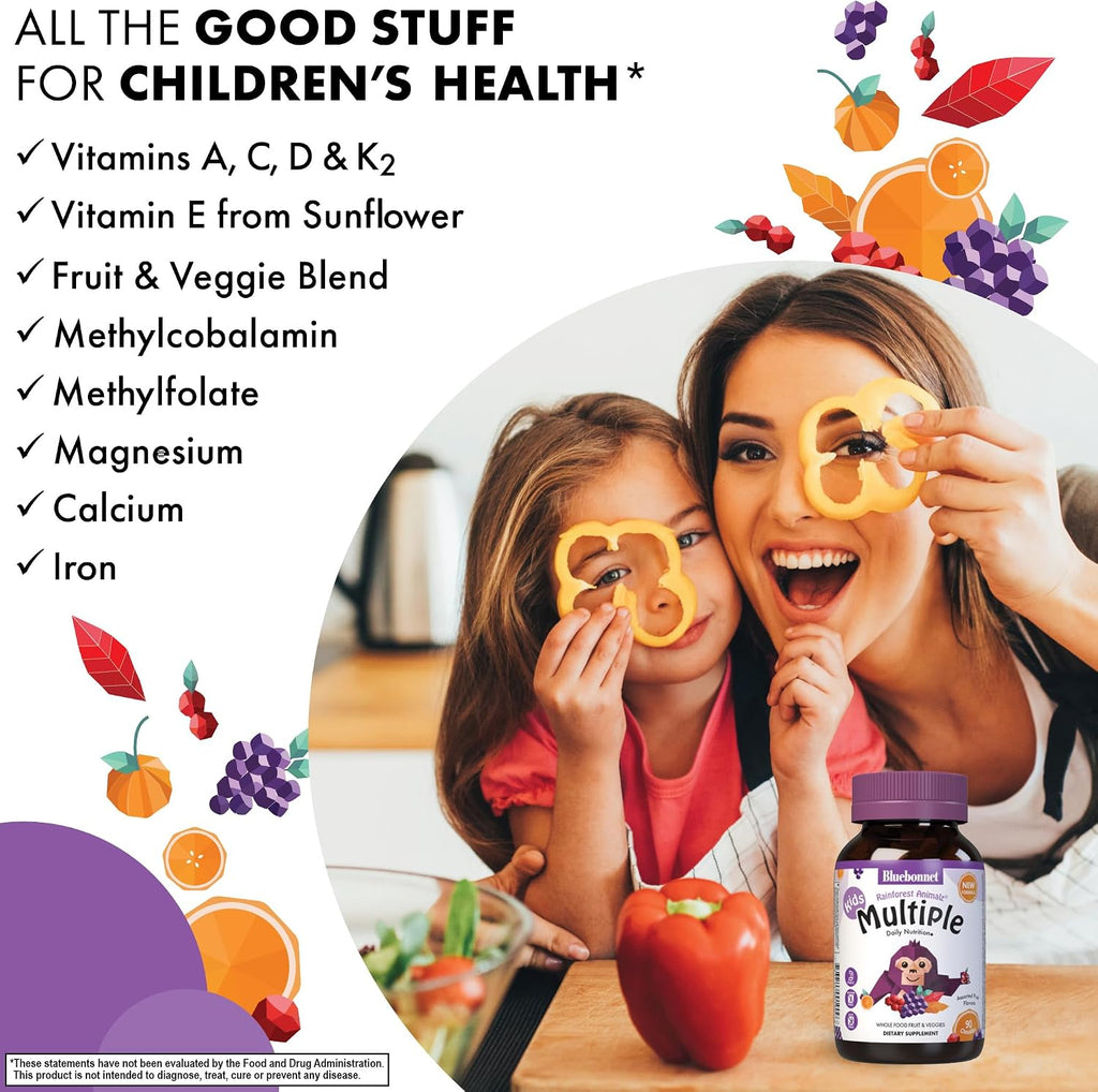 Bluebonnet Nutrition Rainforest Animalz - Multivitamínico infantil masticable con base de alimentos integrales - 180 comprimidos masticables - Sabor variado (cereza, uva, naranja)