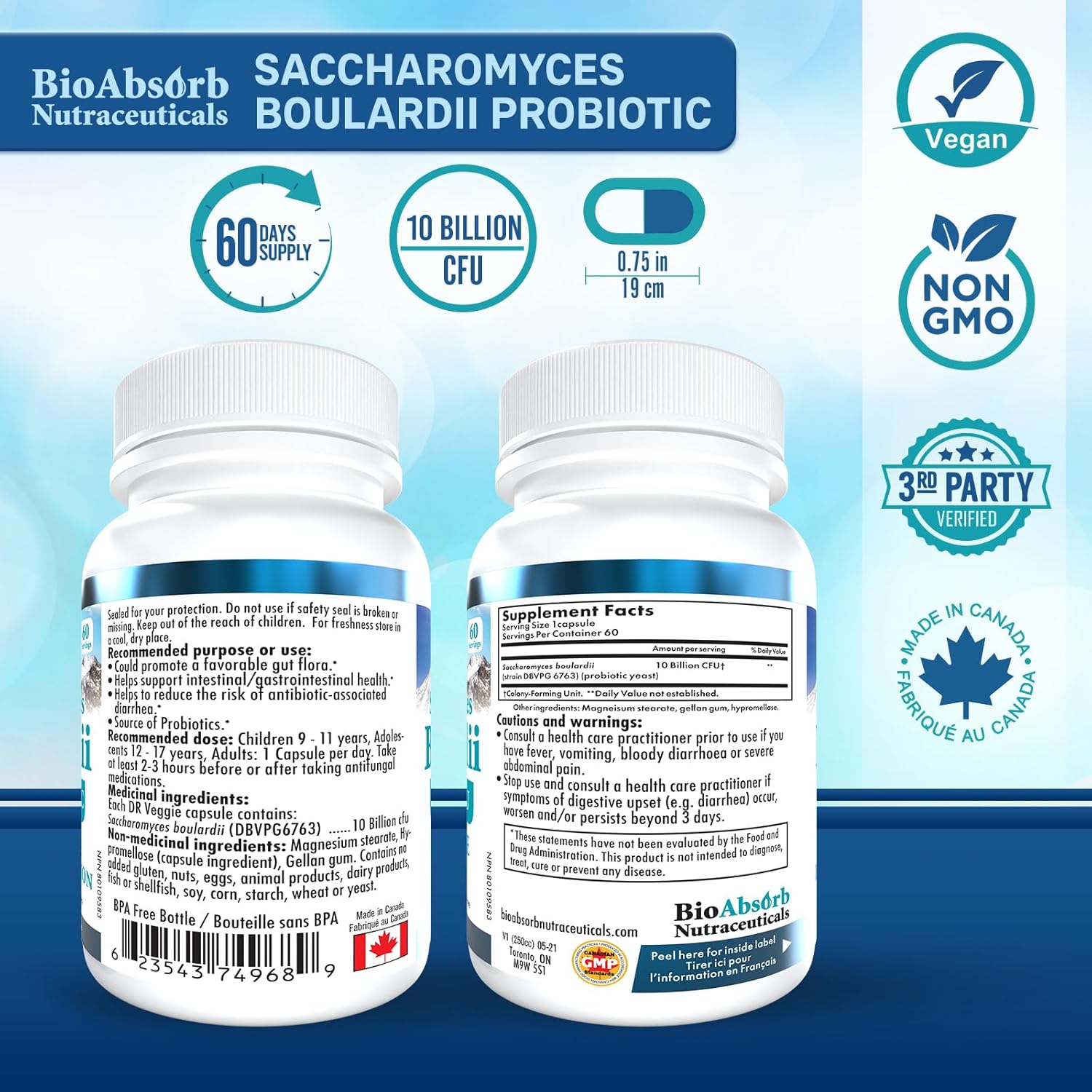 Bio Absorb Saccharomyces Boulardii Probiótico - 10 mil millones UFC, 60 cápsulas veganas