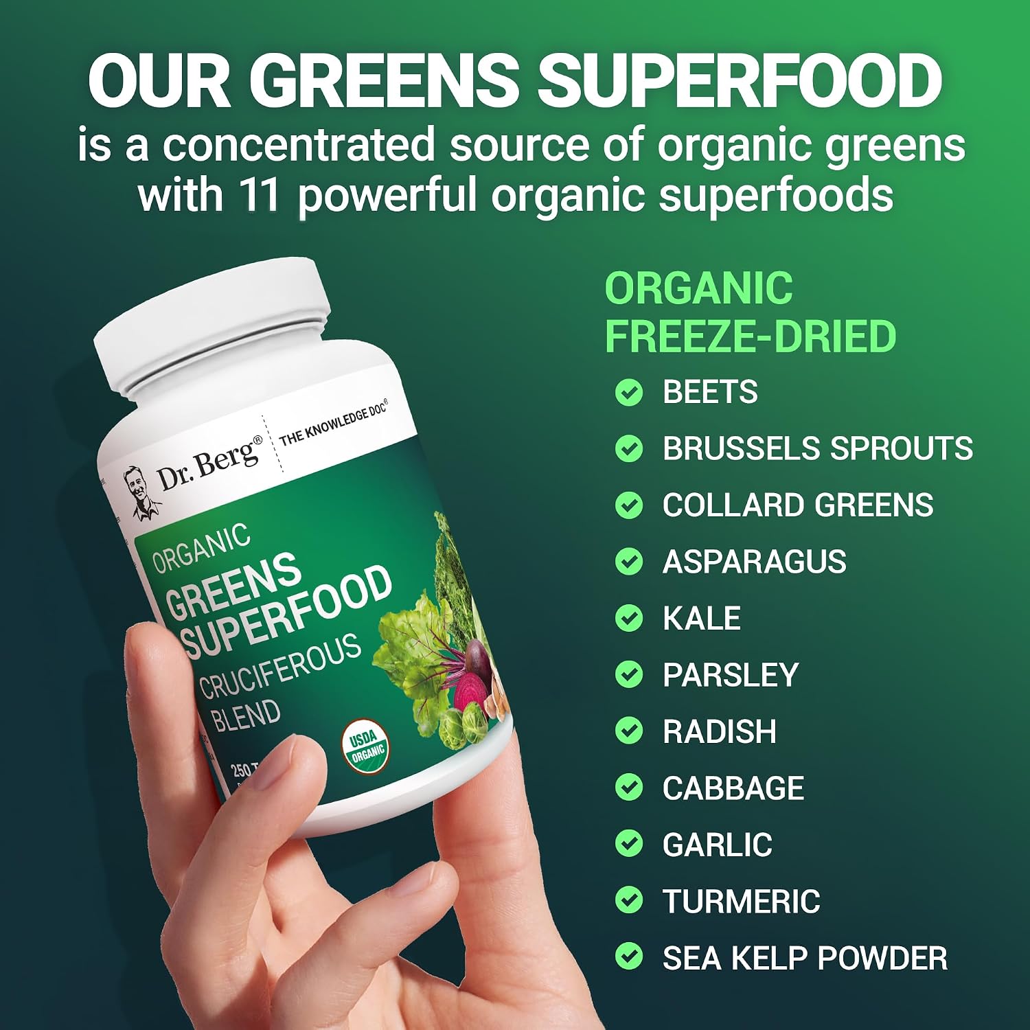 Dr. Berg's Greens Superfood Cruciferous Vegetable Tablets - 250 Comprimidos