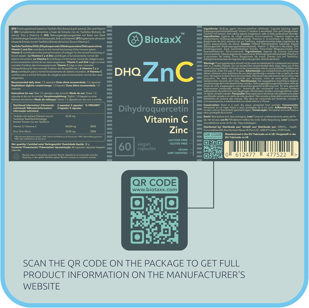 BiotaxX Taxifolin (Dihydroquercetin) + Vitamina C + Zinc – 500 mg, 60 Cápsulas Veganas