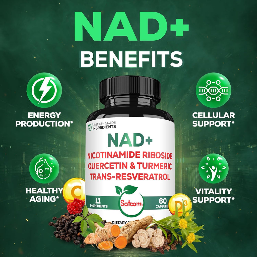 Satoomi NAD Suplemento para Mujeres - Nicotinamida Ribósido Resveratrol 900mg, Quercetina, Cúrcuma, Astrágalo, Ginseng, Vitamina D3, Vitamina C - 60 Cápsulas