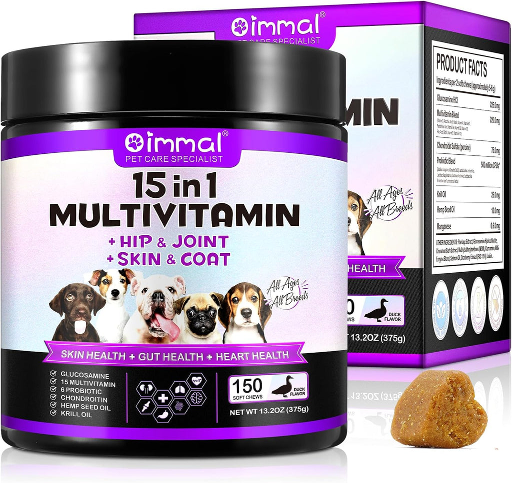 FUKEVY 15 en 1 Multivitamínico para Perros - 150 Comprimidos Masticables con Glucosamina, Condroitina y Probióticos