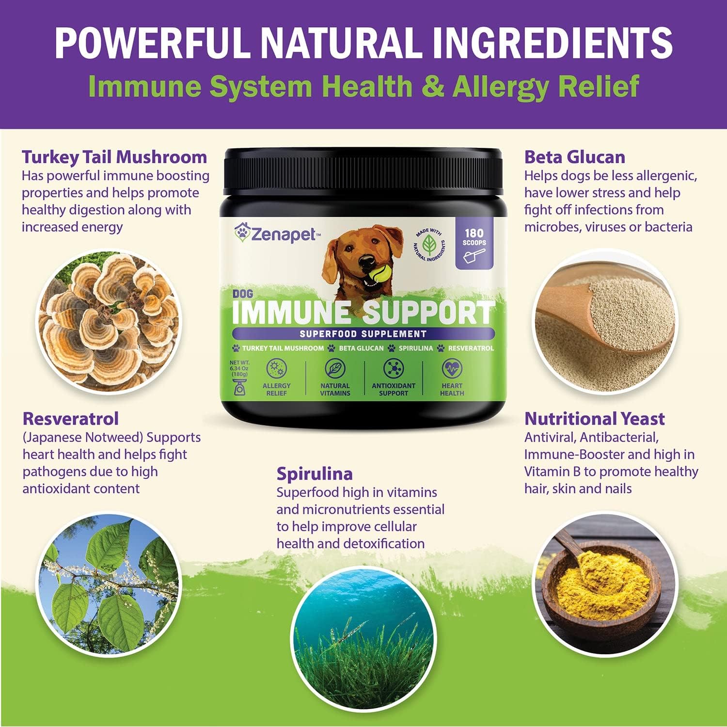 Zenapet Suplemento Inmunitario para Perros en Polvo - Cola de Pavo, Espirulina y Beta-Glucano