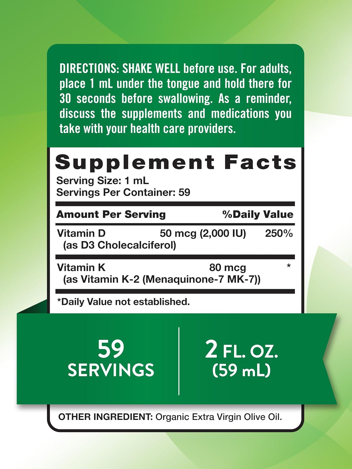 Nature's Truth Vitamina D3 + K2 Gotas Líquidas con MK-7 | 2 Fl Oz | Suplemento Vegetariano, No-GMO y Sin Gluten