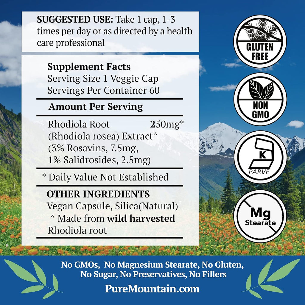 Pure Mountain Botanicals Rhodiola Rosea 250mg - 60 Cápsulas Veganas