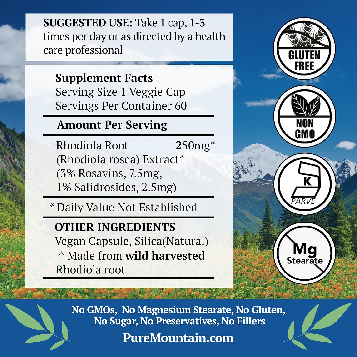 Pure Mountain Botanicals Rhodiola Rosea 250mg - 60 Cápsulas Veganas