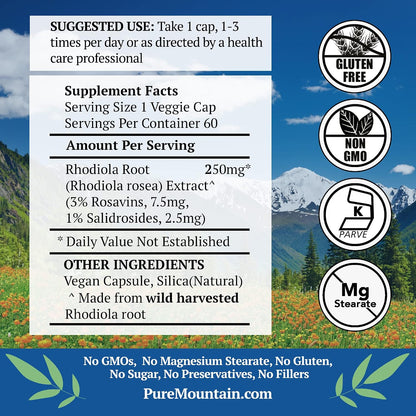 Pure Mountain Botanicals Rhodiola Rosea 250mg - 60 Cápsulas Veganas – Image 2