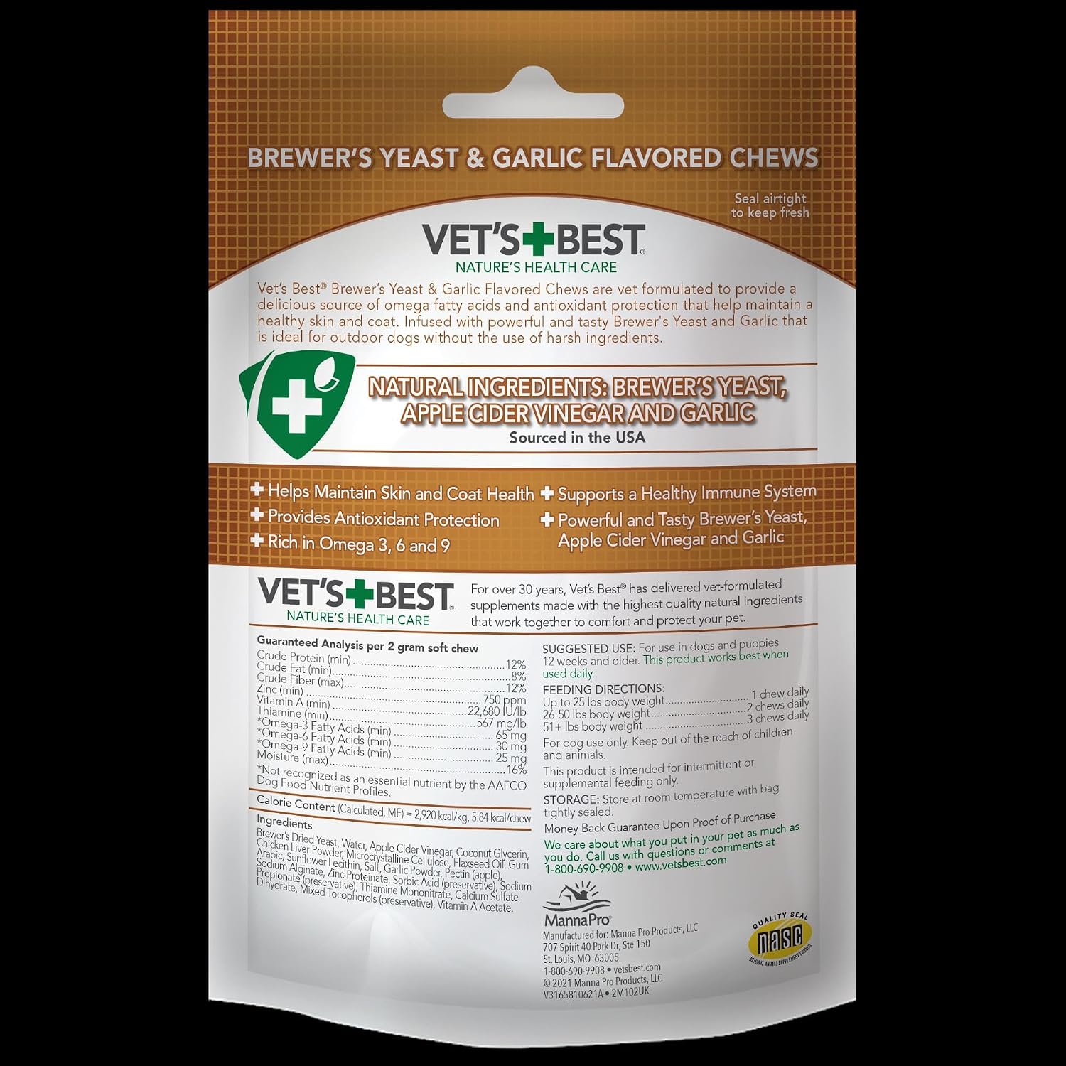 Vet's Best Snacks Masticables con Levadura de Cerveza y Ajo, Omega 3 para Perros, 60 unidades