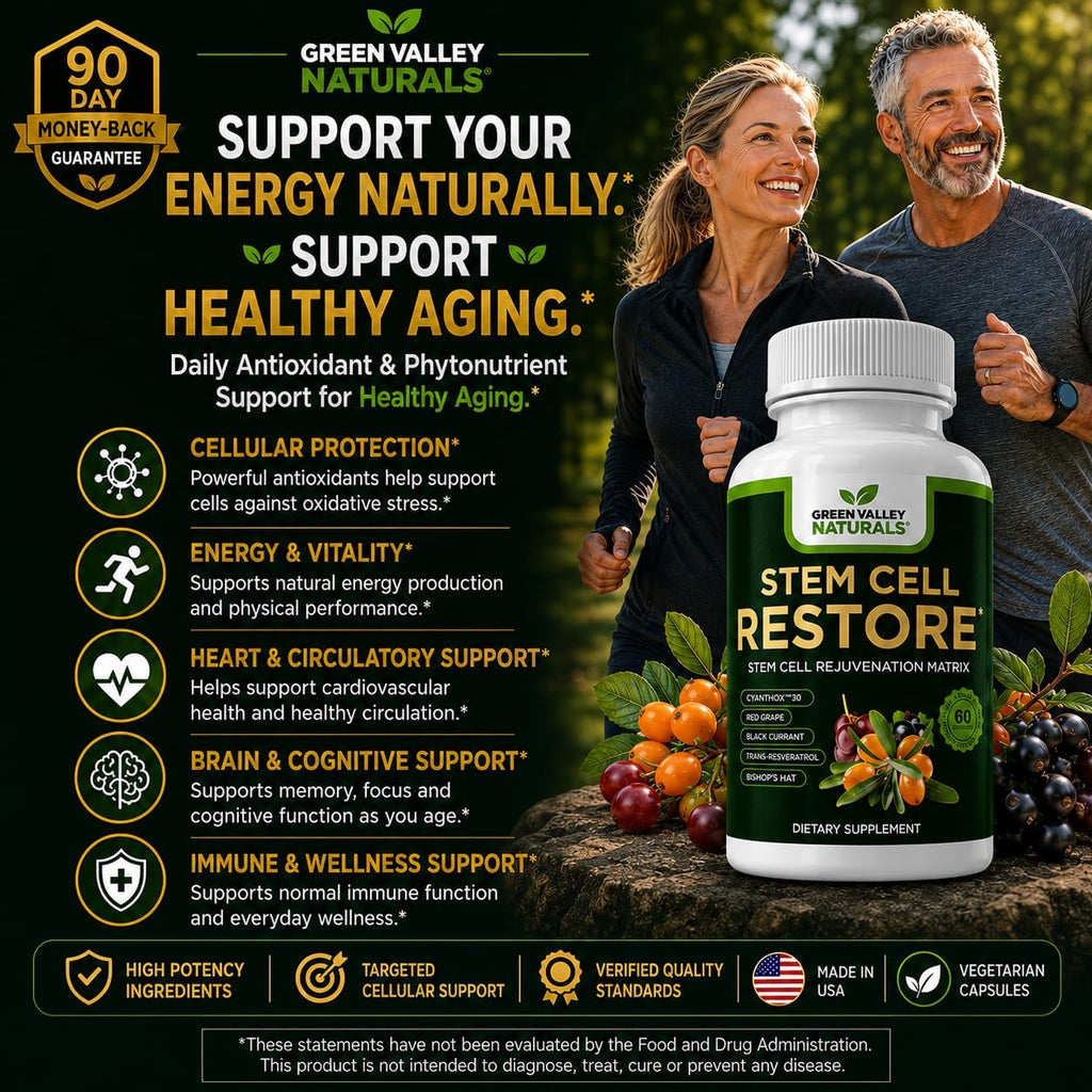 Stem Cell Restore | Complejo Antioxidante Celular con CyanthOx™ 30, Espino Amarillo, Semilla de Uva y Resveratrol | 60 Cápsulas Vegetarianas