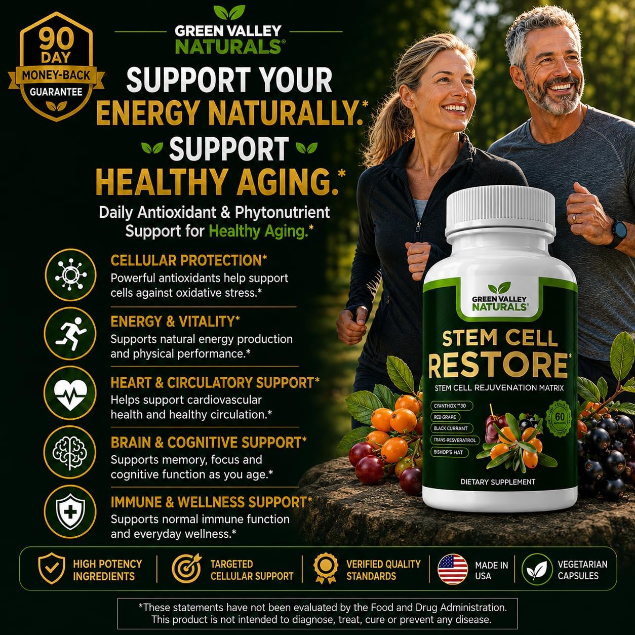 Stem Cell Restore | Complejo Antioxidante Celular con CyanthOx™ 30, Espino Amarillo, Semilla de Uva y Resveratrol | 60 Cápsulas Vegetarianas