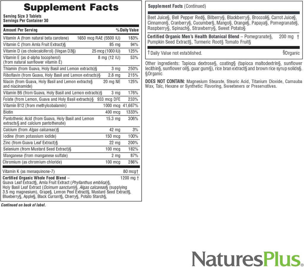 NaturesPlus Source of Life Garden Multivitamínico para Hombres - 90 Comprimidos - Ayuda a Mantener la Energía y el Sistema Inmunológico - Certificado Orgánico USDA, Sin OGM, Vegano, Sin Gluten, Sin Hierro - 30 Dosis