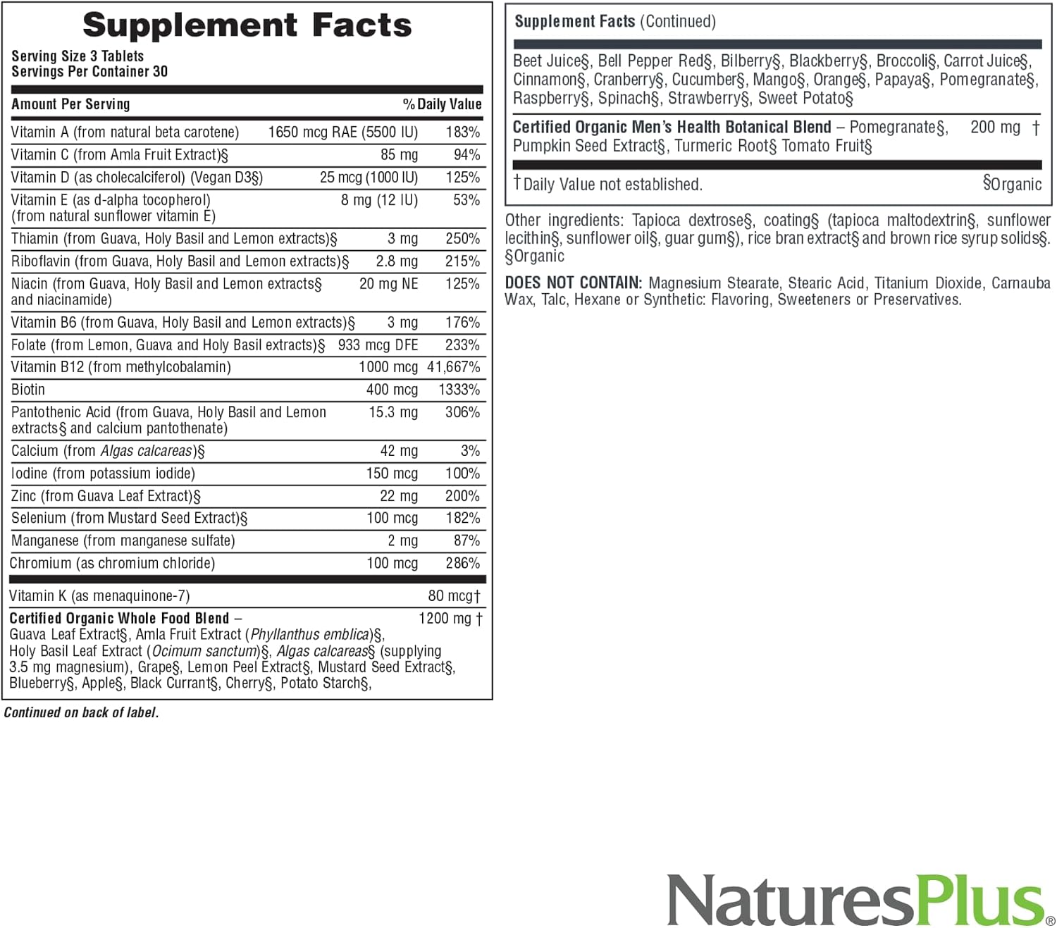 NaturesPlus Source of Life Garden Multivitamínico para Hombres - 90 Comprimidos - Ayuda a Mantener la Energía y el Sistema Inmunológico - Certificado Orgánico USDA, Sin OGM, Vegano, Sin Gluten, Sin Hierro - 30 Dosis