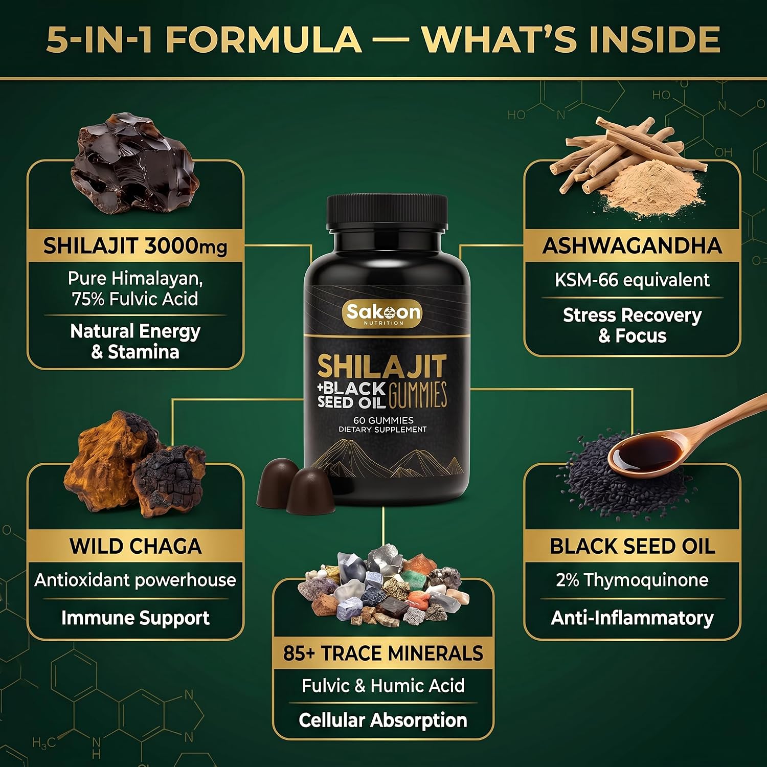 Pure Shilajit Gummies con Aceite de Semilla Negra – Alta Potencia – 60 Gomitas