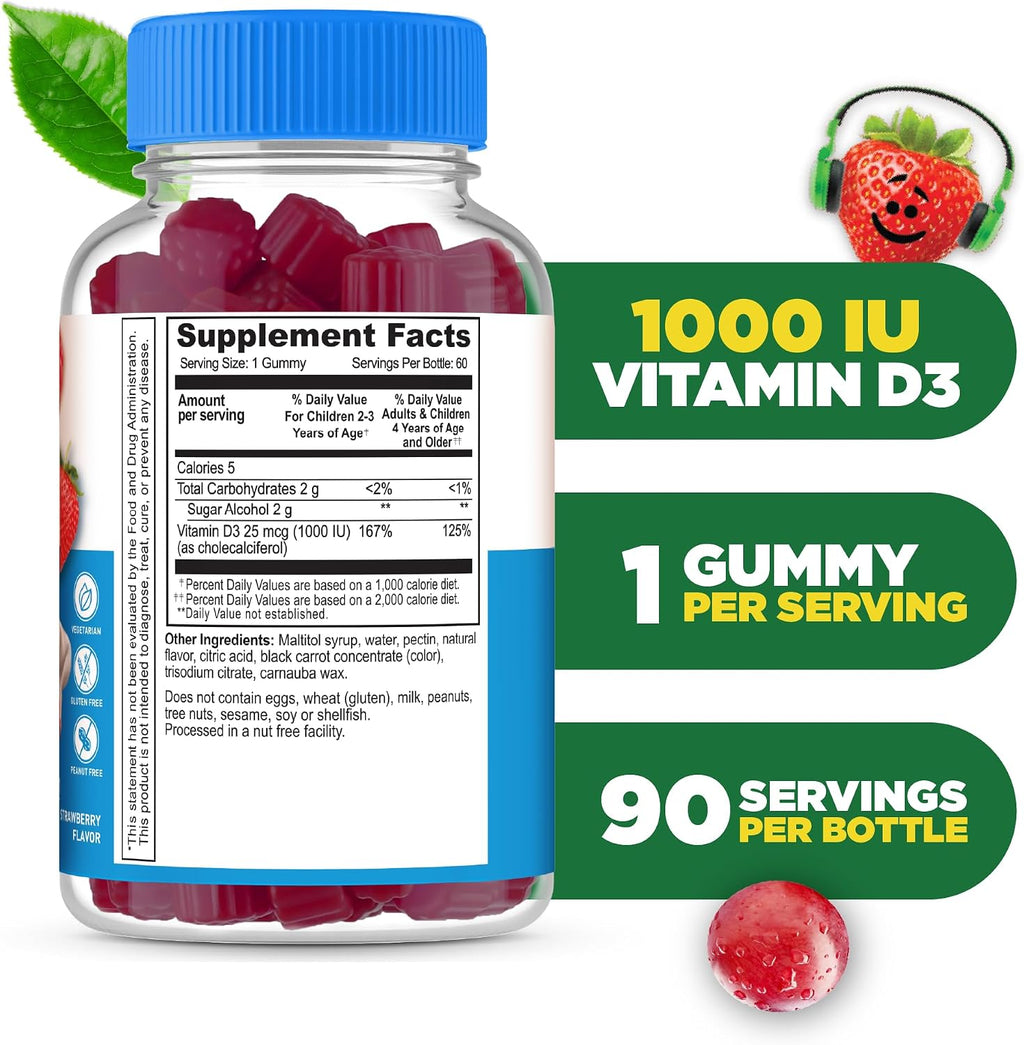 Lifeable Vitamina D3 para Niños 1000 IU Gominolas sin Azúcar 90 uds