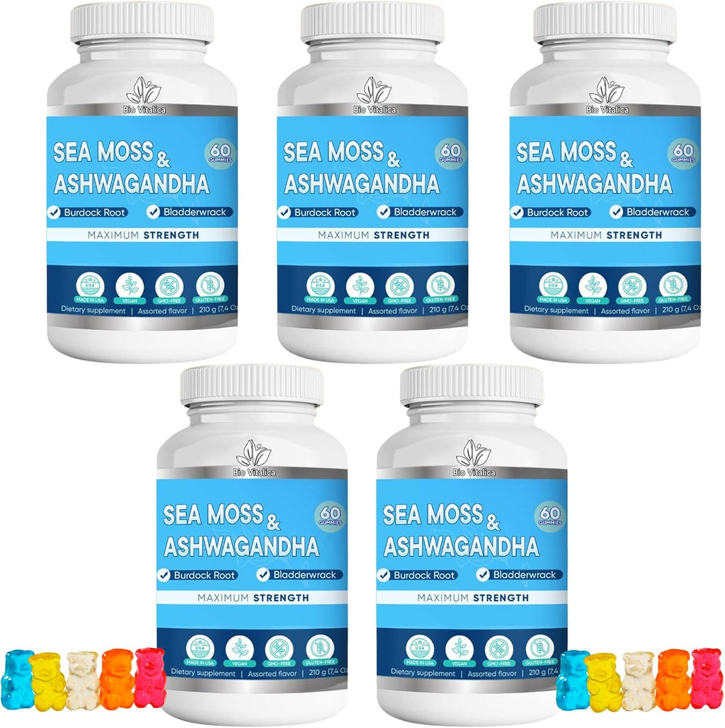 Gominolas Orgánicas de Sea Moss y Ashwagandha con Bardana y Bladderwrack - 60 Unidades Veganas