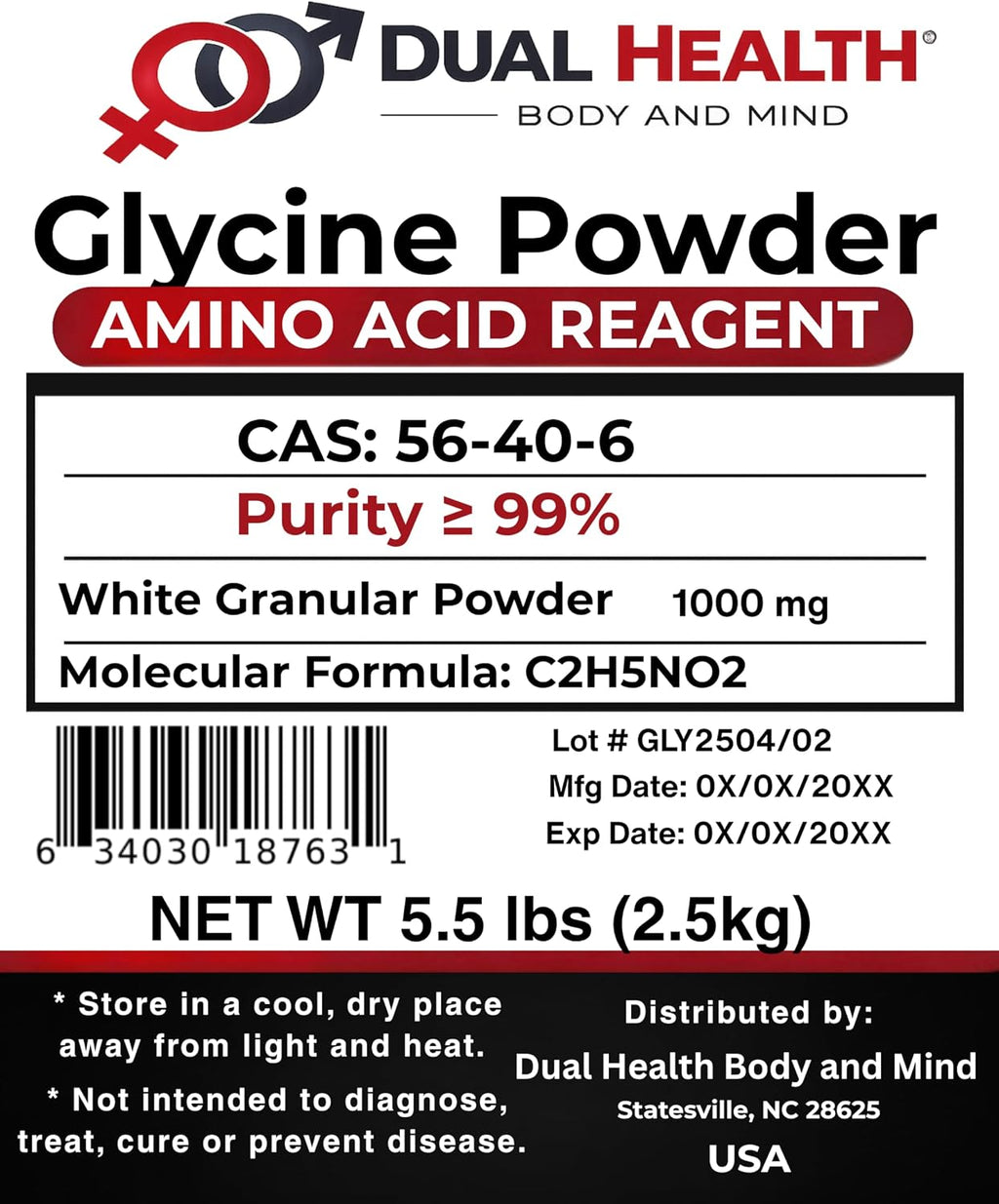 Glicina en Polvo (2500g/ 2.5kg/ 5.5 lbs) Glicina Pura de Forma Libre Suplementos a Granel, Aminoácido para Dormir, Sin OMG, Sin Gluten