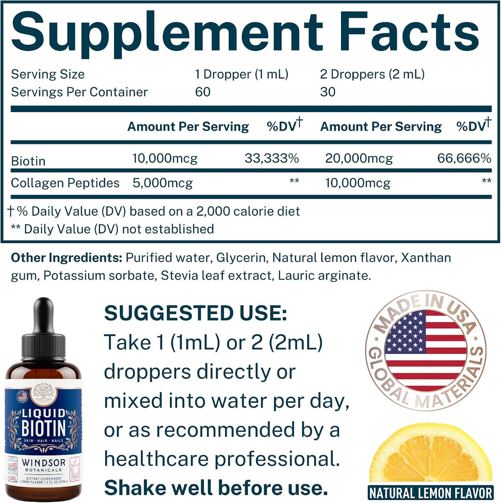 Biotina y Colágeno Líquido | 10.000 μg de Biotina + 5.000 μg de Colágeno | 60 ml