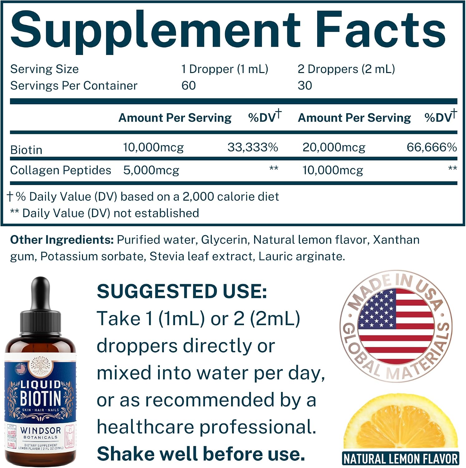 Biotina y Colágeno Líquido | 10.000 μg de Biotina + 5.000 μg de Colágeno | 60 ml