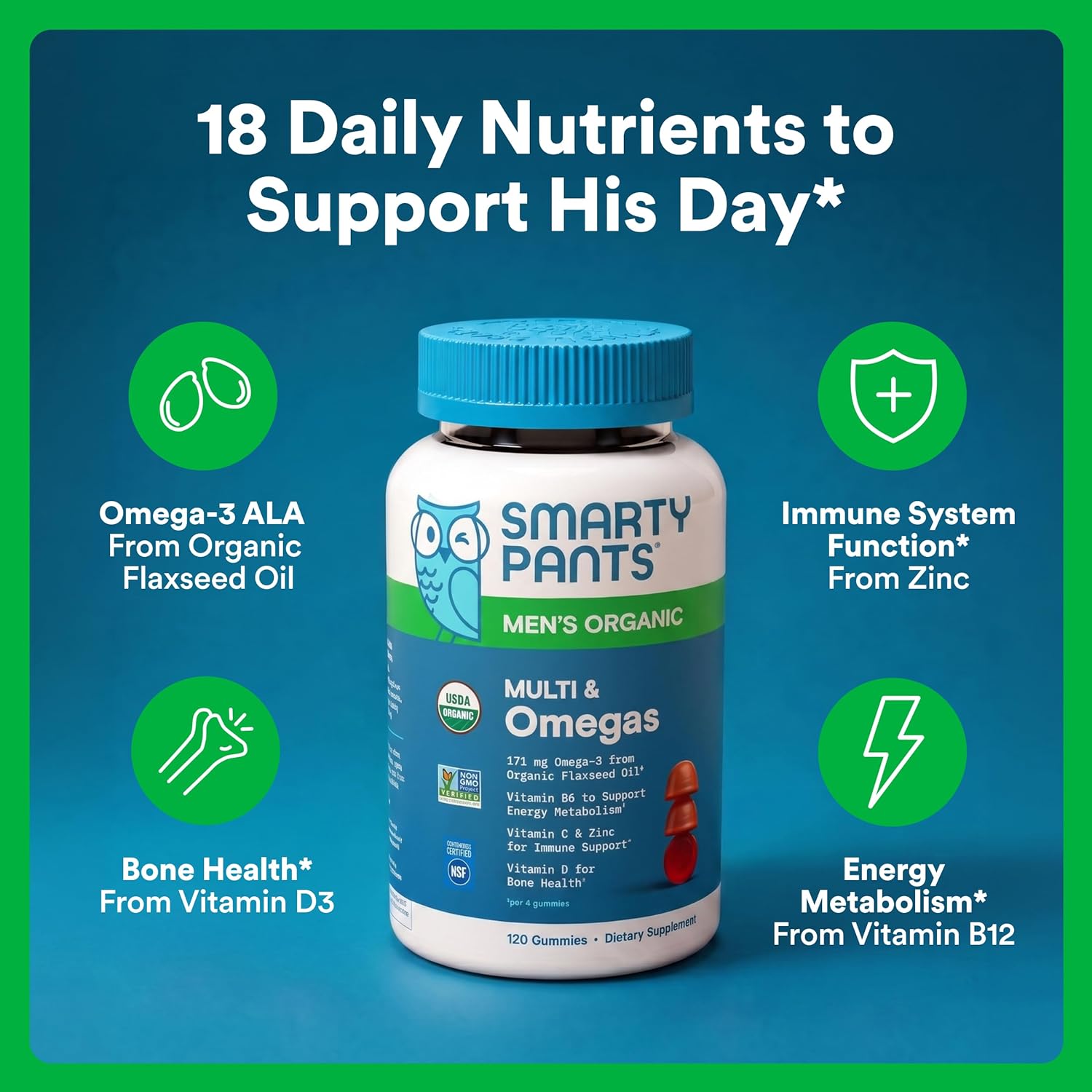 SmartyPants Multivitamínico para Hombres, Gominolas Orgánicas: Metilfolato, Omega 3 (ALA), Vitamina D3, C, B12, B6, A, K y Zinc, 120 Gominolas (30 Días)