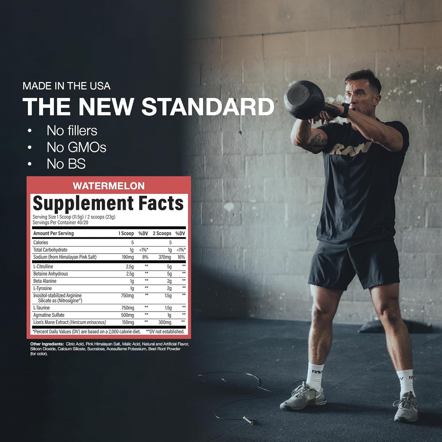 RAW Pump - Pre-Entreno Sin Estimulantes, Sabor Sandía (Watermelon), 40 Dosis