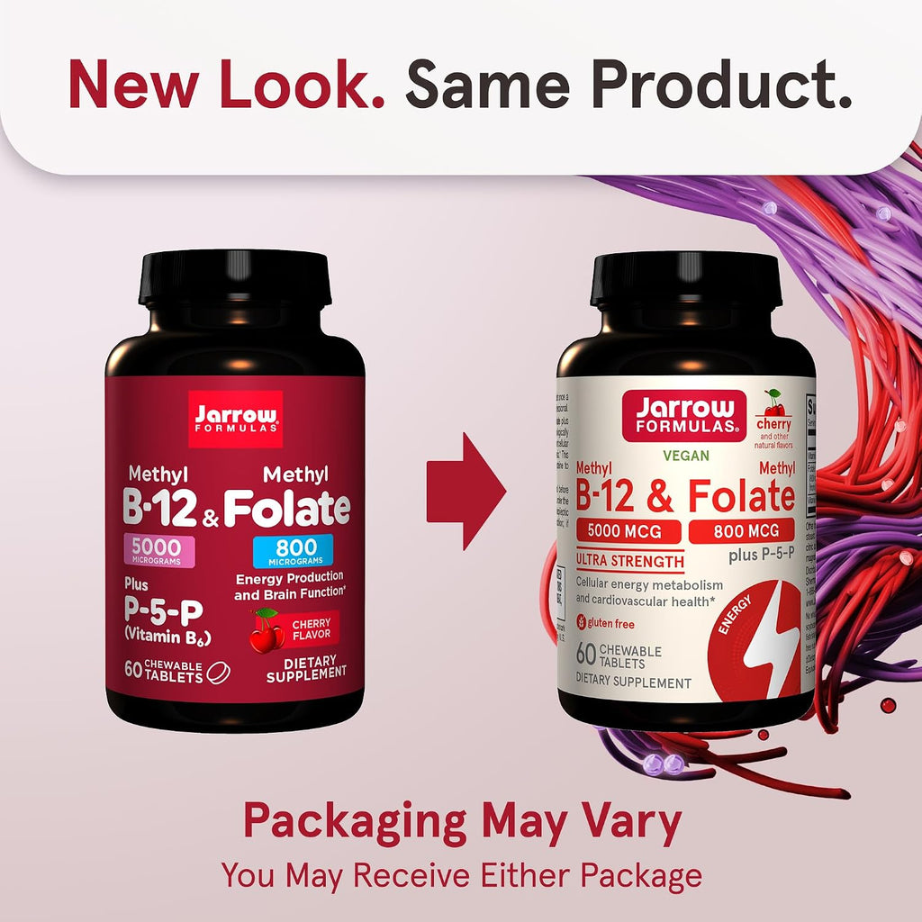 Jarrow Formulas Ultra Strength Metil B-12 5000 mcg + Metil Folato 800 mcg + P-5-P, 60 Comprimidos Masticables