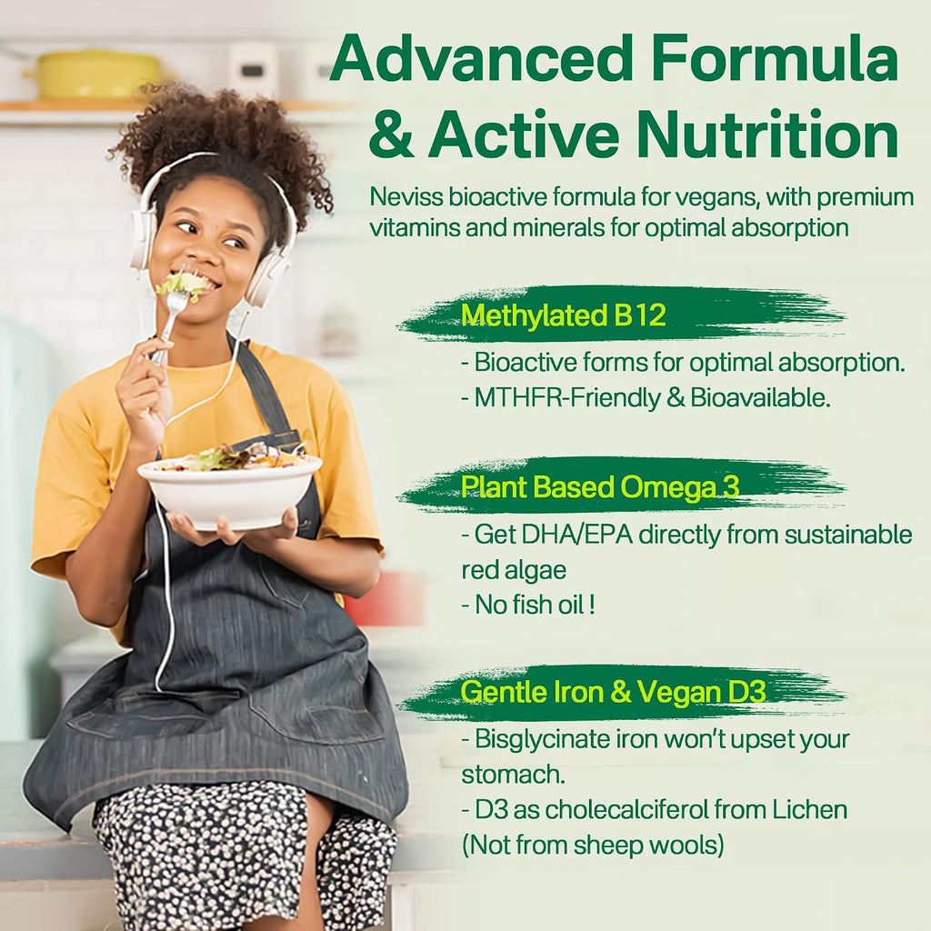 NEVISS Multivitamínico Vegano para Mujeres y Hombres - 60 Gominolas Sin Azúcar con B12, D3+K2, Omega-3, Hierro, Colina, Zinc