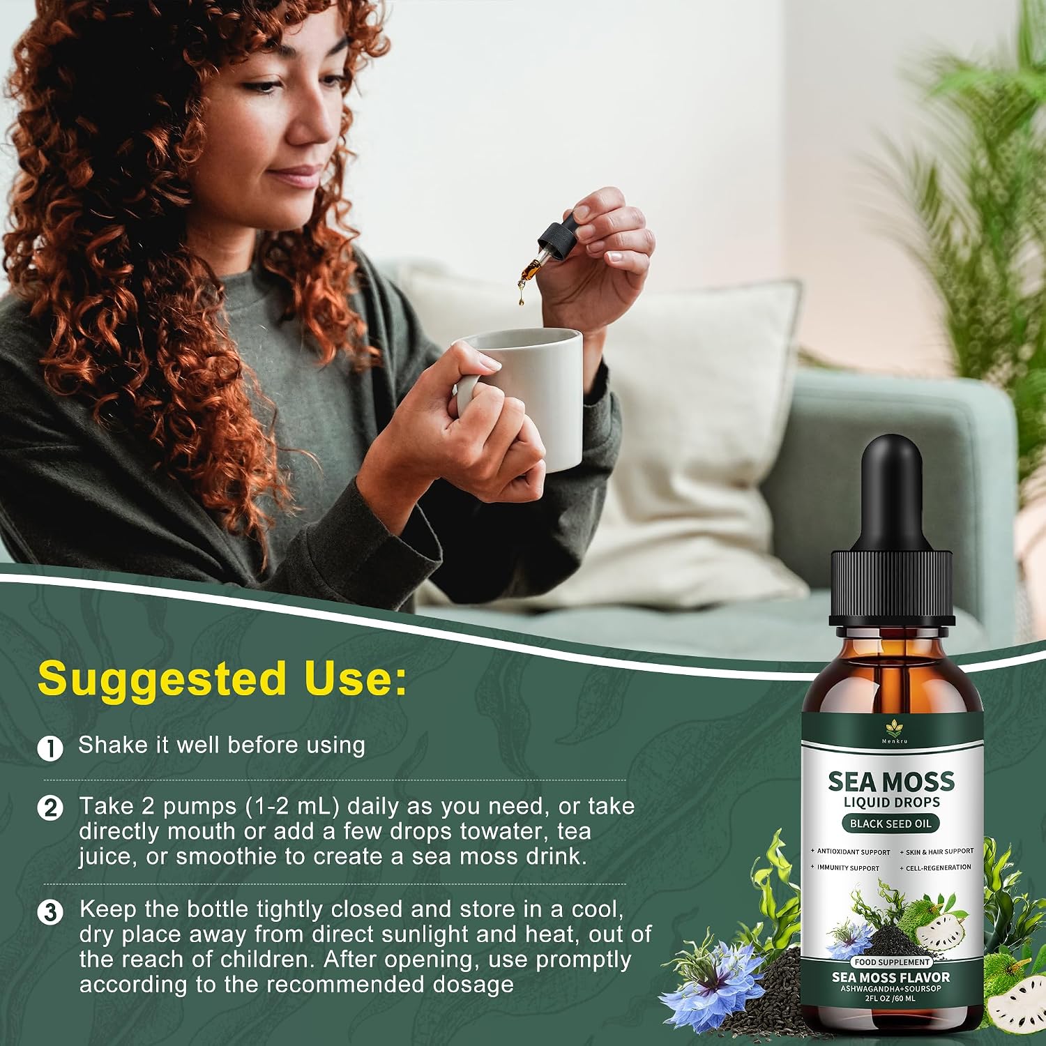 (2 Pack) Gotas Líquidas de Sea Moss con Aceite de Nigella, Soursop y Algas Irish Moss
