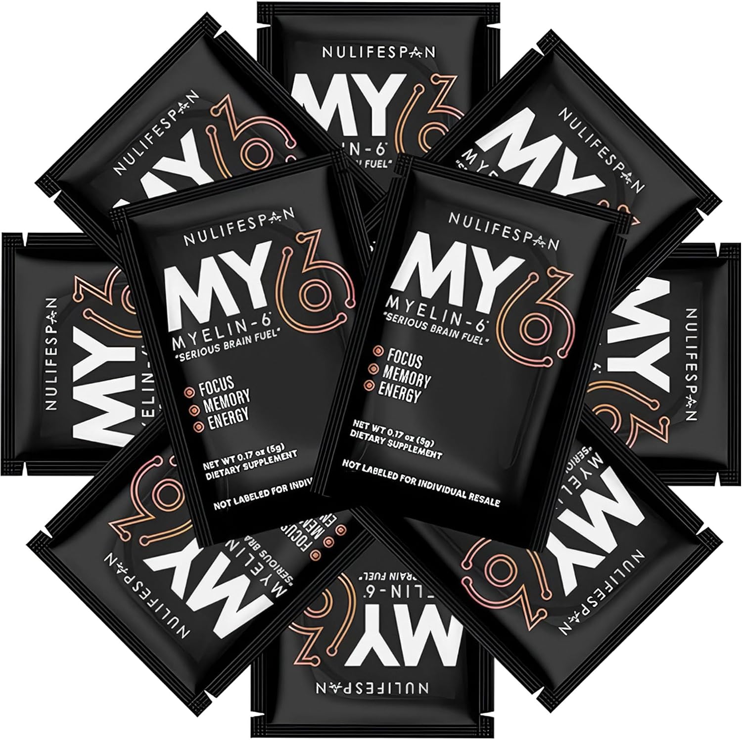 Myelin-6, Pack de Muestras, 5 Sobres Individuales, Suplemento de Concentración y Salud Cerebral con AlphaSize, Sabor Naranja Mandarina, Sin Gluten, No-GMO