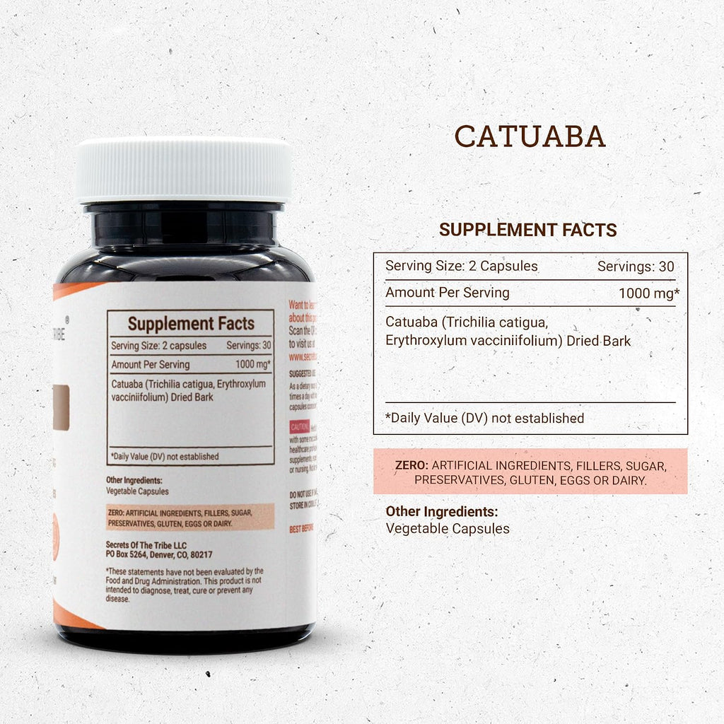 Secrets of the Tribe Catuaba 60 Cápsulas, 1000 mg, Corteza Seca Wildcrafted de Erythroxylum catuaba