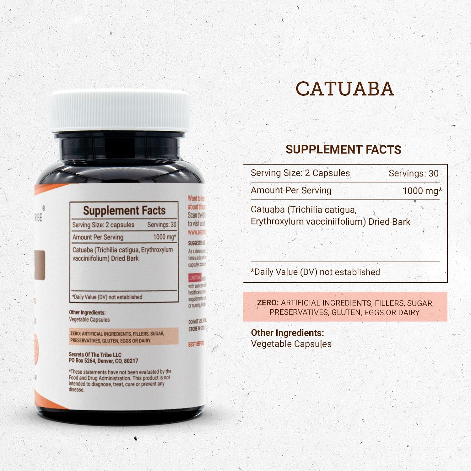 Secrets of the Tribe Catuaba 60 Cápsulas, 1000 mg, Corteza Seca Wildcrafted de Erythroxylum catuaba
