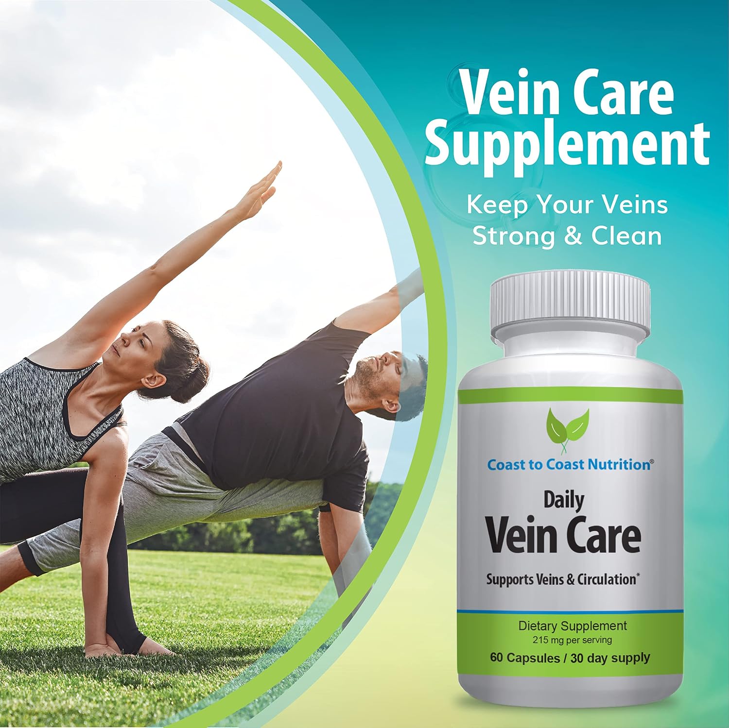 Daily Vein Care Supplement Capsules — Fórmula de Circulación con Calcio, Vitamina D3, Vitamina K2 y BioPerine para Máxima Absorción — 60 Cápsulas