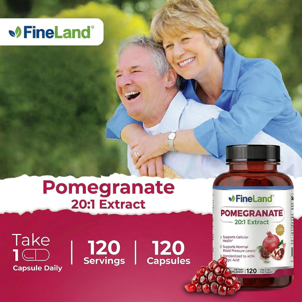 FineLand Extracto de Granada 20:1, 40% Ácido Elágico Estandarizado, Suplemento Antioxidante, 120 Cápsulas Veganas