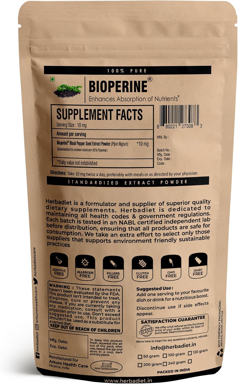 Herbadiet Bioperine Powder | Extracto de Pimienta Negra con Piperina 95% | Potenciador de Biodisponibilidad (14 g / 0.5 oz)