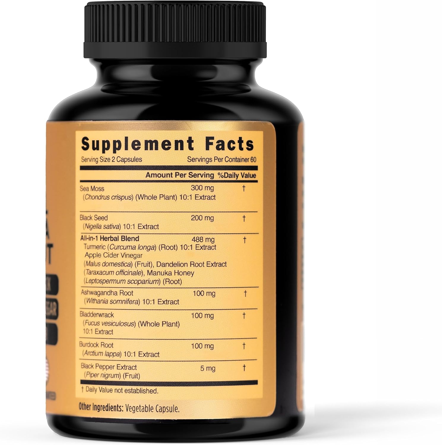 PRIME NATURAL Sea Moss 300mg Aceite de Semilla Negra 200mg Ashwagandha 100mg Cúrcuma Bladderwrack Bardana Miel de Manuka Diente de León Vinagre de Sidra de Manzana - 120 Cápsulas | 60 Días de Suministro | Vegano
