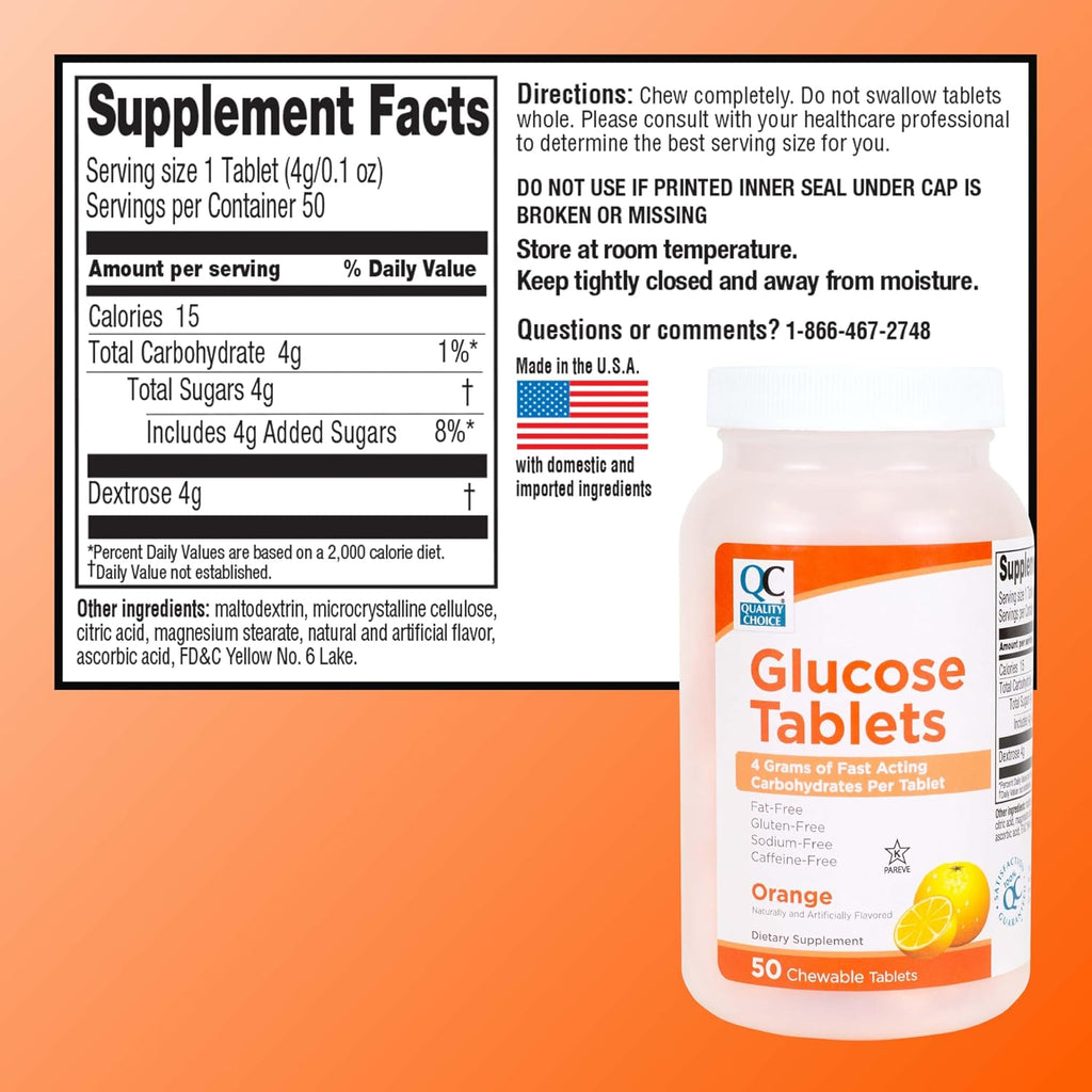 Quality Choice Comprimidos de Glucosa de Acción Rápida Sabor Naranja, 50 unidades