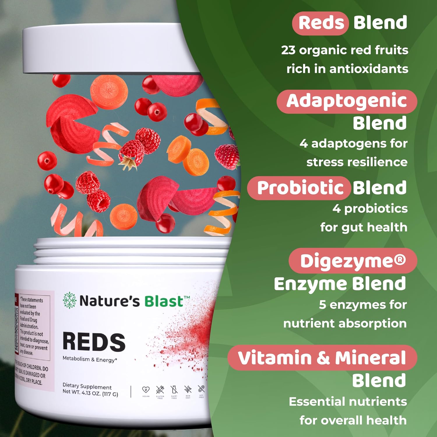 NATURES BLAST Reds - Superfood en Polvo con 23 Frutos Rojos, 4 Adaptógenos, Probióticos y Enzimas - Mezcla Vegana de Antioxidantes