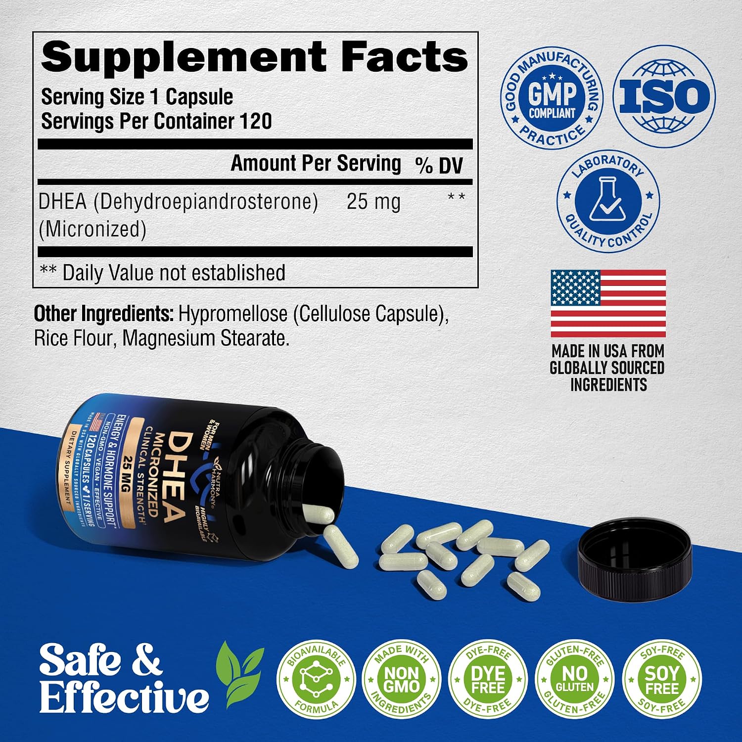 DHEA 25mg Micronizado - Suplemento Hormonal para Mujeres y Hombres - 120 Cápsulas Veganas