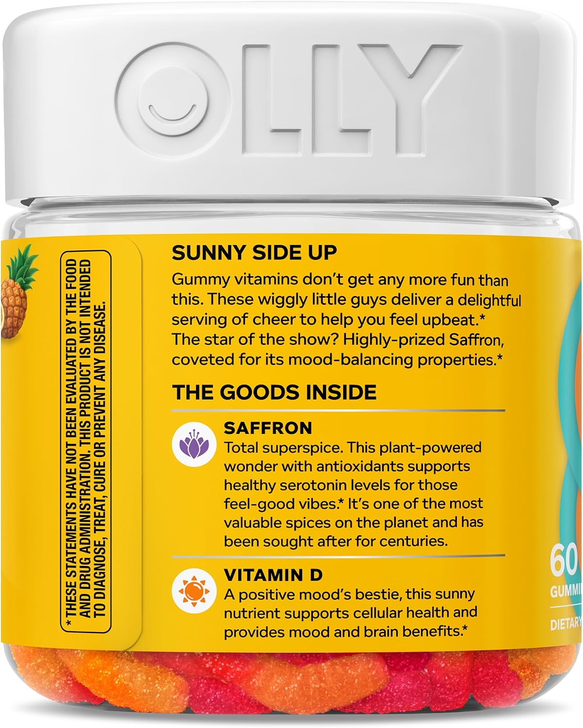 OLLY Hello Happy Gummy Worms - Gomitas de Apoyo al Ánimo con Extracto de Azafrán y Vitamina D, Sabor Tropical Zing, 60 unidades
