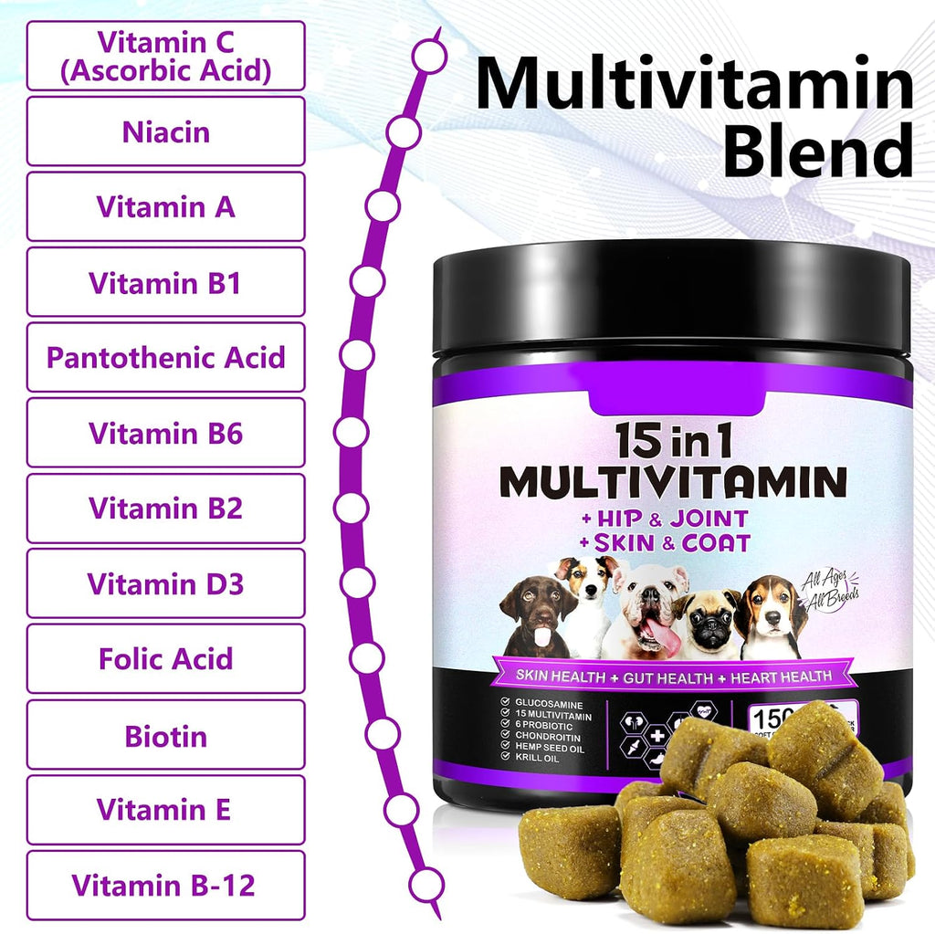 15-in-1 Multivitamínico para Perros con Glucosamina y Probióticos - Masticables Naturales Sabor Pato, 150 Piezas