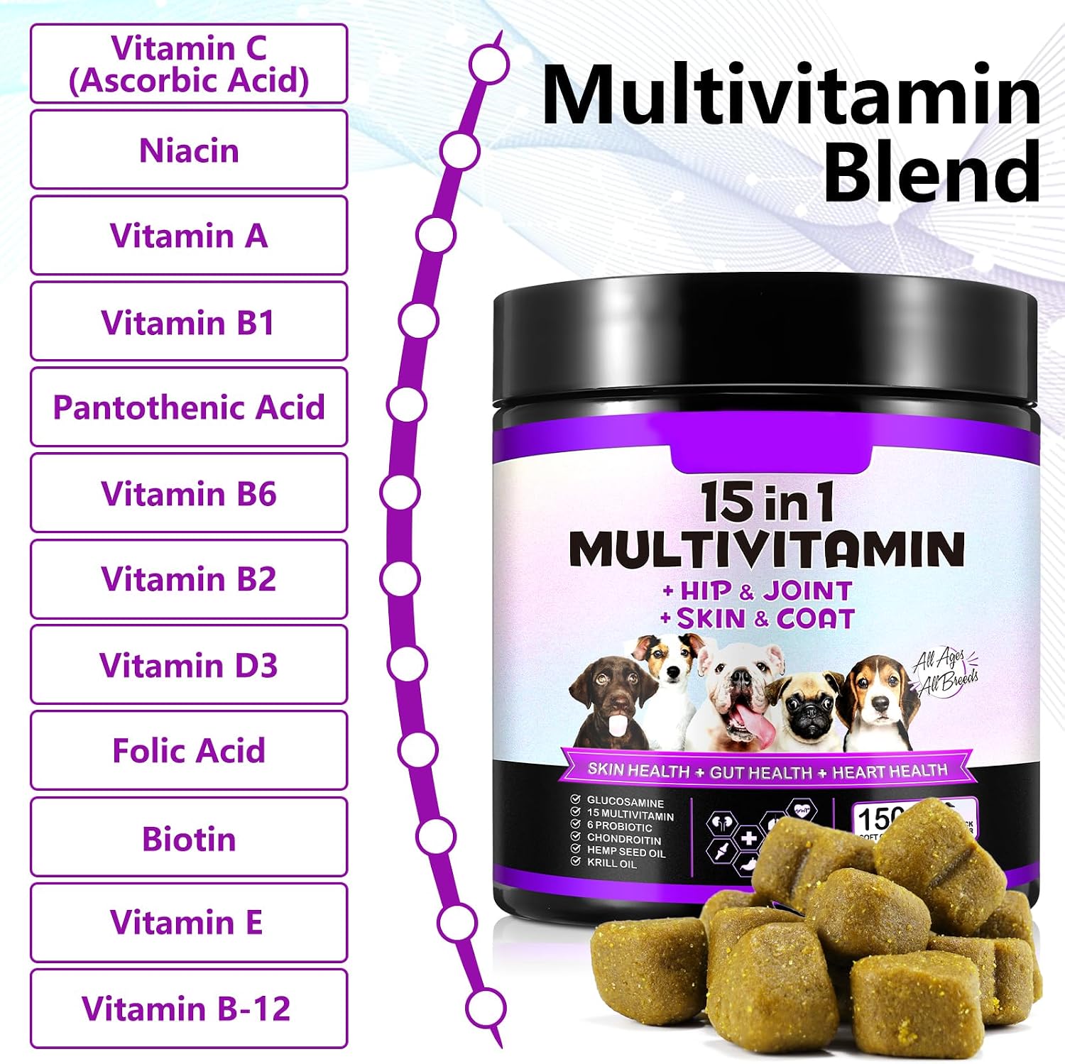 15-in-1 Multivitamínico para Perros con Glucosamina y Probióticos - Masticables Naturales Sabor Pato, 150 Piezas