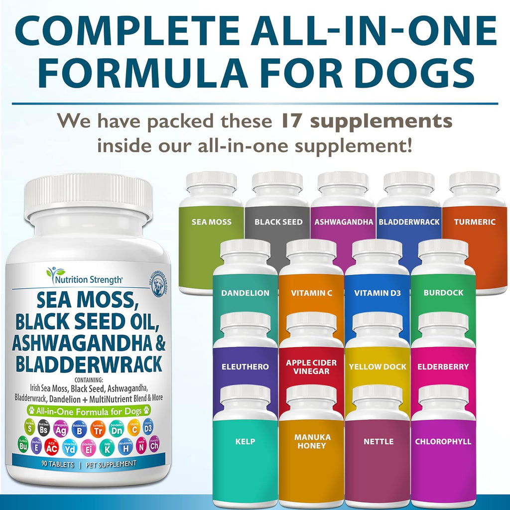 Nutrition Strength Sea Moss para Perros - 17-en-1 Apoyo Inmunidad, Piel y Pelaje con Aceite de Semilla Negra, Ashwagandha y Cúrcuma - 90 Comprimidos Masticables