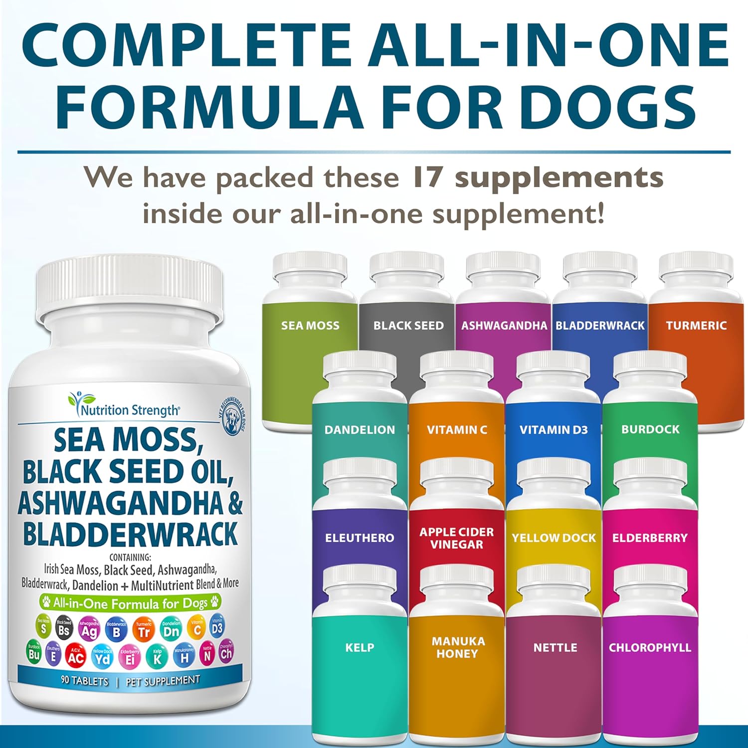Nutrition Strength Sea Moss para Perros - 17-en-1 Apoyo Inmunidad, Piel y Pelaje con Aceite de Semilla Negra, Ashwagandha y Cúrcuma - 90 Comprimidos Masticables