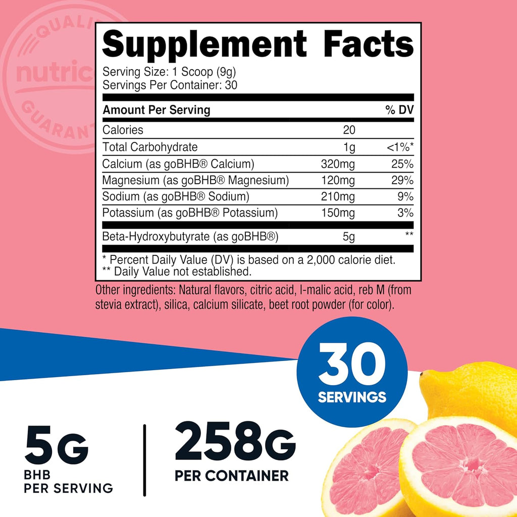 Nutricost Sales BHB Mezcla para Bebida (30 Raciones, Sabor Fresa Limonada, 5g BHB por Ración) - 0g Azúcares, Producto Vegetariano