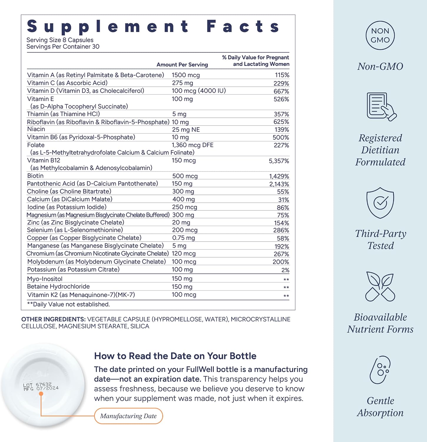 FullWell Women's Prenatal Multivitamin, 240 Cápsulas (30 Dosis)