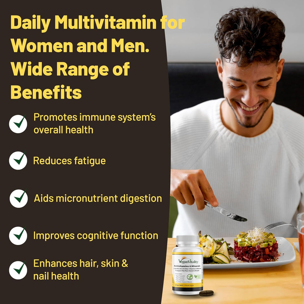 Multivitamínico Vegano para Mujeres y Hombres con Vitamina B12, D3 y K2 - 180 Comprimidos - 6 Meses de Suministro