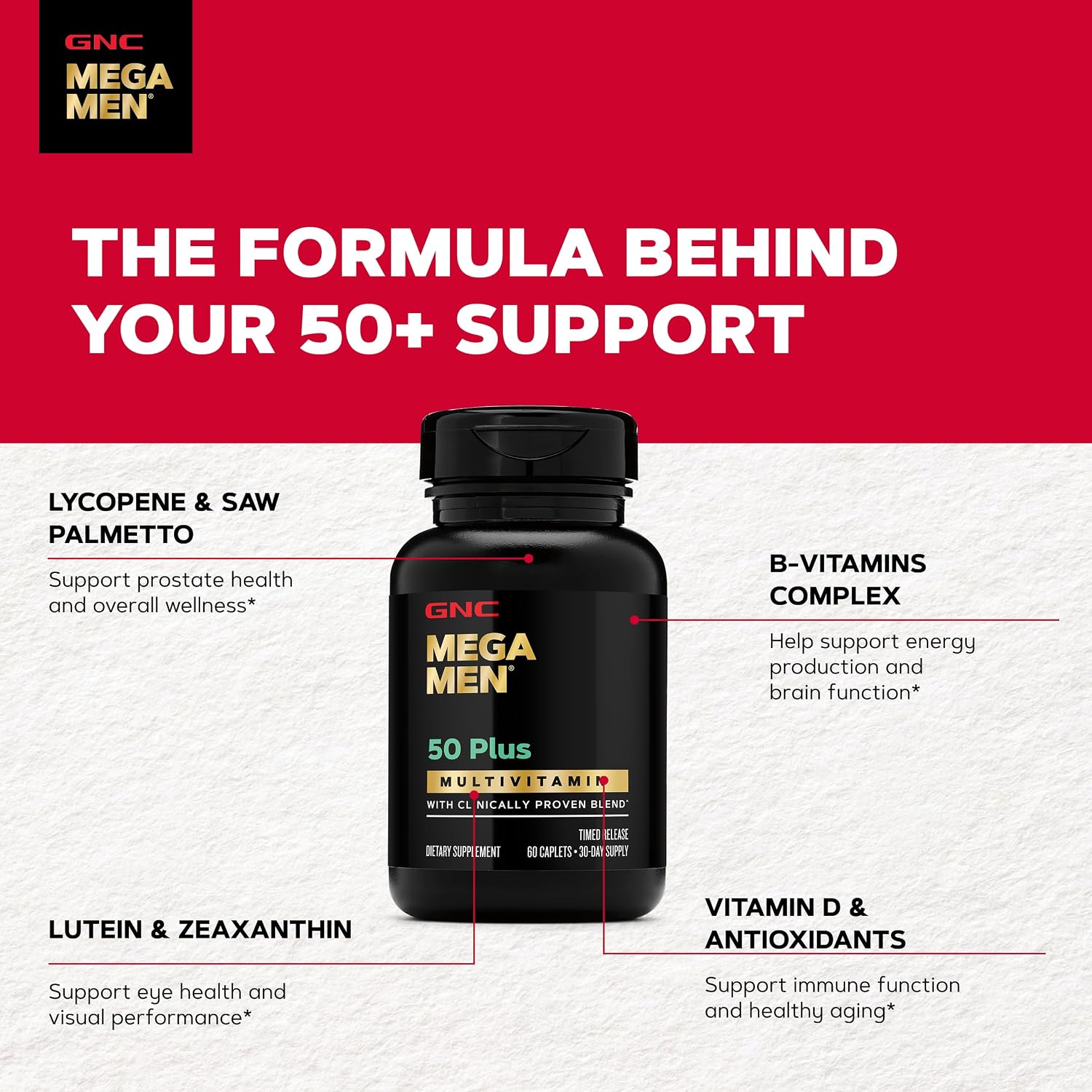 GNC Mega Men 50 Plus Multivitamínico para Hombres, Salud Cardíaca y Prostática, Vitaminas B, Saw Palmetto, Vitamina D-3, 60 Comprimidos